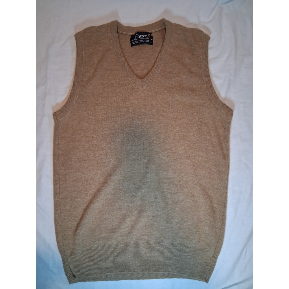 Vintage Jantzen Sweater Vest Mens Large Tan Camel V Neck Preppy Grandpa Core